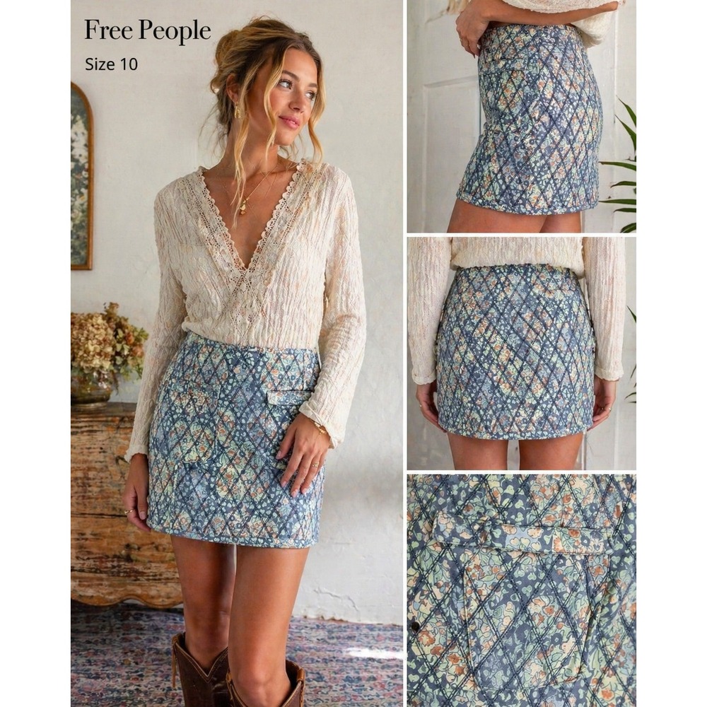 NEW Free People Quilted Floral Mini Skirt Size 10 Boho Cottagecore
